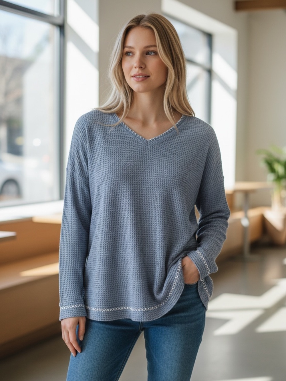 Sundance Blue V-Neck Waffle Knit Sweater Dusty Blue Women's‎ Size Large
